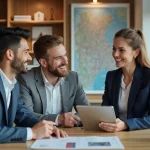 Agent immobilier en costume bleu avec couple dans agence