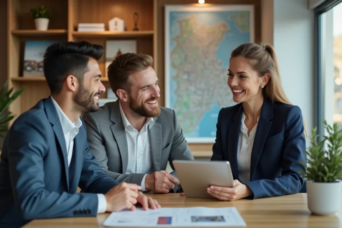 Agent immobilier en costume bleu avec couple dans agence