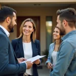 Agent immobilier remettant une estimation gratuite à des propriétaires devant leur maison