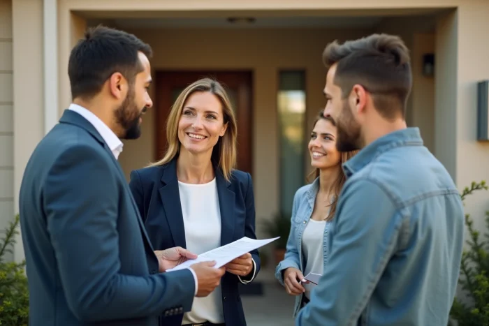 Agent immobilier remettant une estimation gratuite à des propriétaires devant leur maison