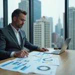 Analyste financier examinant des graphiques économiques dans un bureau moderne avec vue sur la ville