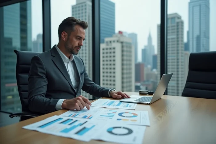 Analyste financier examinant des graphiques économiques dans un bureau moderne avec vue sur la ville