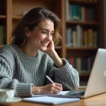 Jeune femme apprenant le français en ligne sur un ordinateur portable dans un bureau à domicile chaleureux
