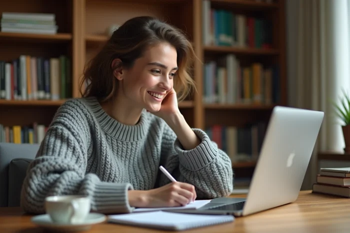 Jeune femme apprenant le français en ligne sur un ordinateur portable dans un bureau à domicile chaleureux