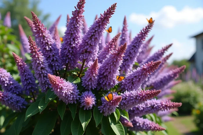 Arbre à papillon en pleine floraison avec des panicules violettes et des papillons dans un jardin fleuri
