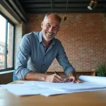 Architecte souriant examine des plans dans un espace moderne