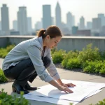 Architecte paysagiste analysant des plans techniques sur une toiture végétalisée en milieu urbain