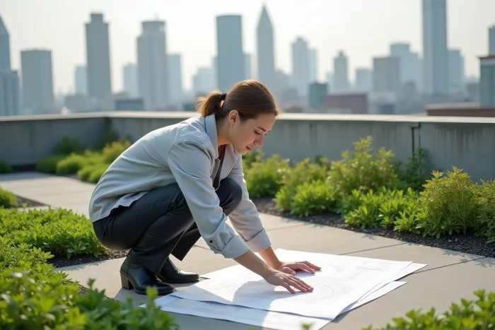 Architecte paysagiste analysant des plans techniques sur une toiture végétalisée en milieu urbain