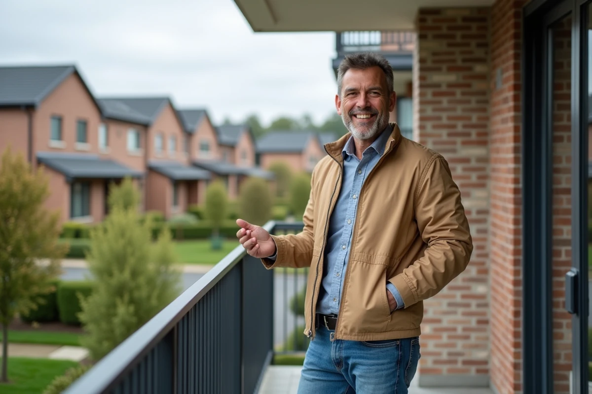 Homme souriant sur balcon dans quartier résidentiel