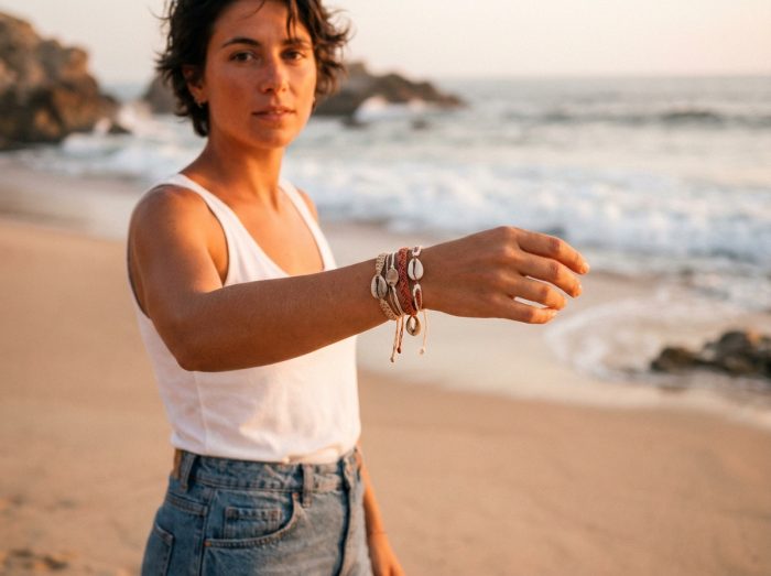 Jeune femme montrant ses bracelets en cordon tressés sur une plage naturelle en été