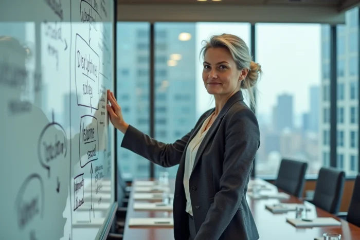 Cadre senior expliquant les concepts d'innovation disruptive et incrémentale sur un tableau de stratégie en salle de réunion