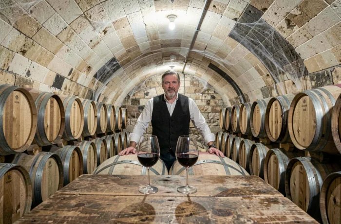 Cave à vins traditionnelle en pierre de Gevrey-Chambertin avec fûts de chêne et dégustation de Bourgogne