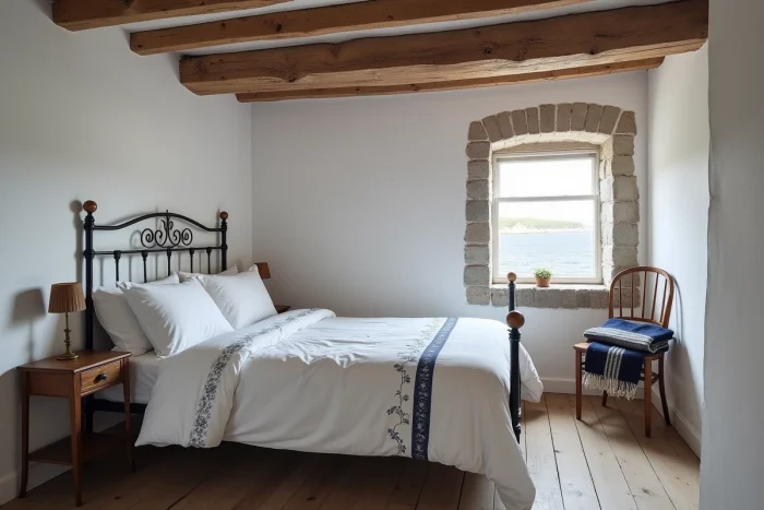 Chambre de chaumière bretonne avec poutres en châtaignier, literie brodée et vue sur la mer Atlantique