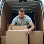 Homme chargeant des cartons dans un camion de déménagement de 3m3 garé devant une maison résidentielle
