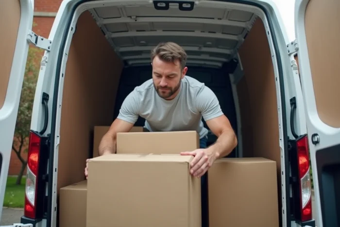 Homme chargeant des cartons dans un camion de déménagement de 3m3 garé devant une maison résidentielle