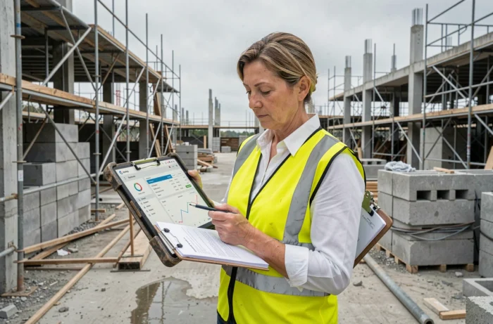 Chef de projet sur un chantier de construction consultant un logiciel de suivi des coûts sur tablette