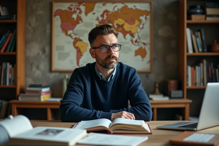 Homme chercheur assis à son bureau avec des livres sur l'histoire des marques de mode et l'origine du nom Zalando