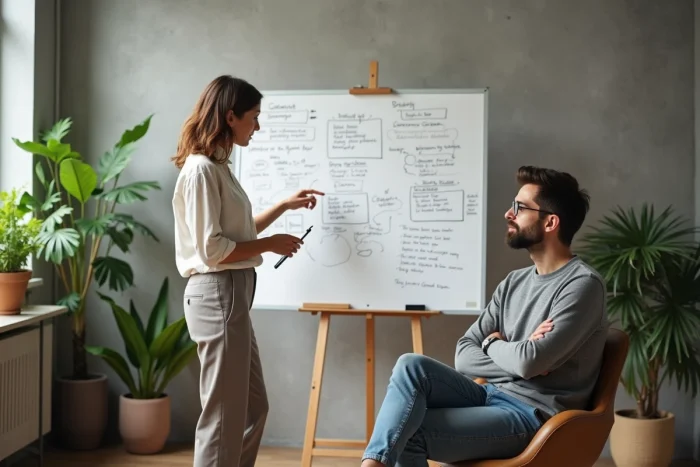 Coach de vie présentant un tableau de planification d'objectifs à son client dans un studio de coaching minimaliste