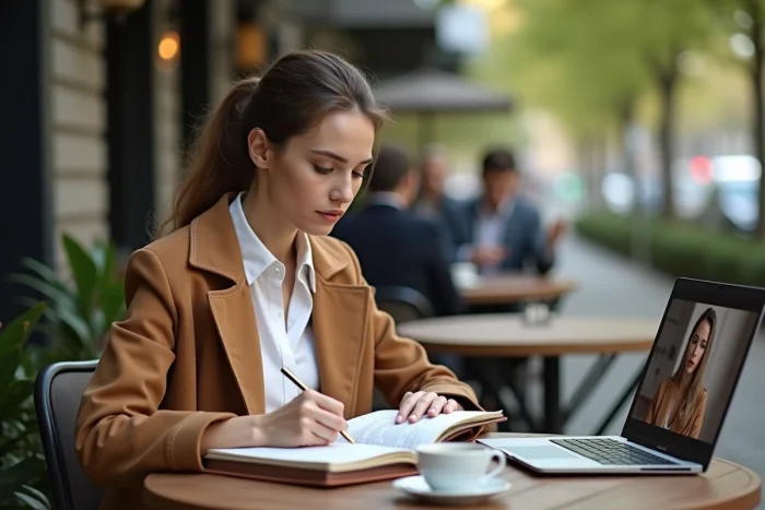 Jeune professionnelle en séance de coaching en ligne sur un ordinateur portable en terrasse de café, prenant des notes dans un journal personnel