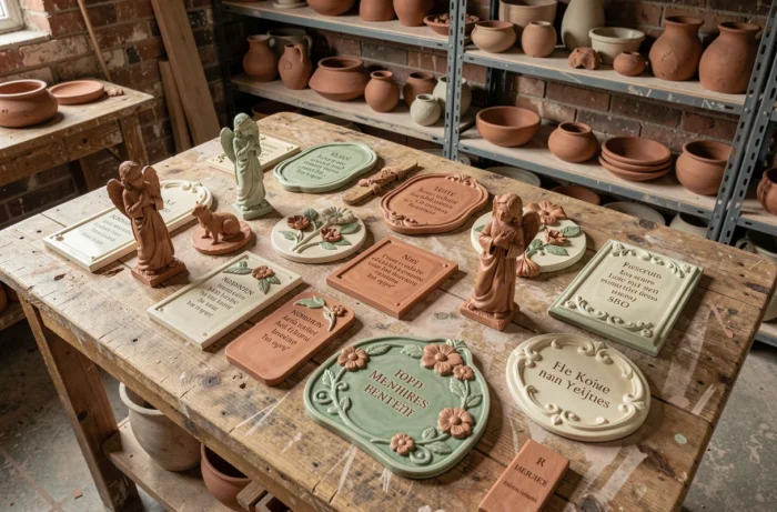 Collection d'ornements funéraires en céramique artisanale disposés sur une table d'atelier en bois, incluant anges, médaillons floraux et plaques commémoratives