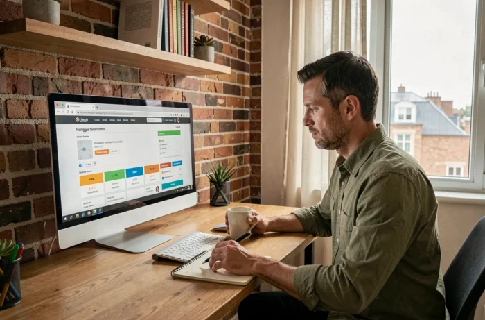 Homme comparant des offres de crédit immobilier en ligne depuis son bureau à domicile