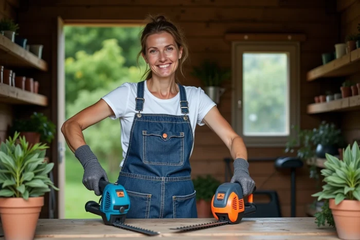 Femme comparant deux modèles de taille-haies électriques dans un atelier de jardin