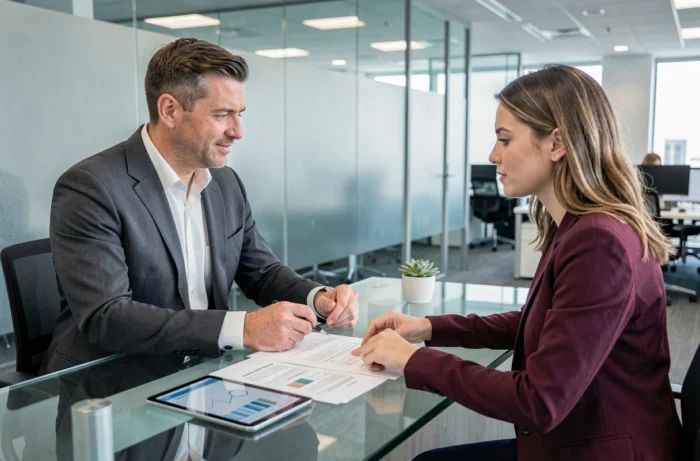 Conseiller bancaire présentant une solution de prêt immobilier à une cliente dans un bureau moderne