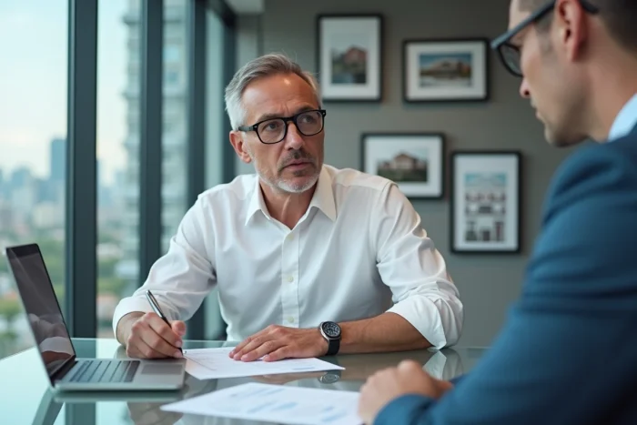 Homme d'affaires en consultation patrimoniale dans une agence immobilière moderne, analysant des documents de gestion de patrimoine avec un conseiller