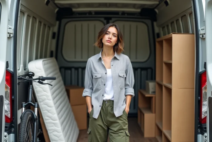 Femme évaluant le contenu d'un utilitaire 3m3 avec matelas, vélo et cartons bien organisés à l'intérieur
