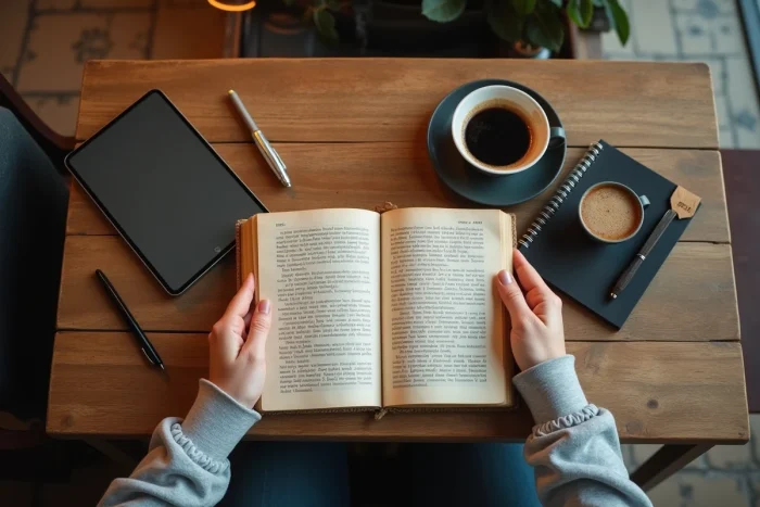 Contraste entre livre traditionnel et tablette numérique sur une table de café illustrant l'opposition entre innovation classique et disruptive