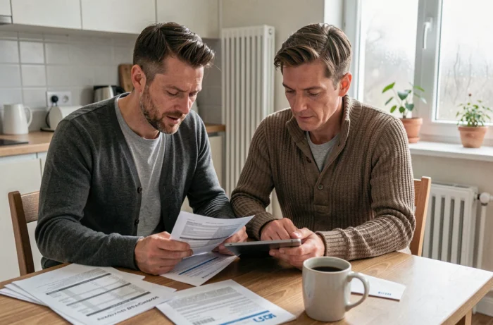 Couple analysant leurs factures de chauffage et cherchant des solutions pour réduire leur consommation énergétique