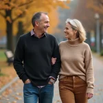 Couple souriant en automne dans un parc urbain