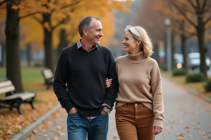 Couple souriant en automne dans un parc urbain