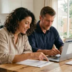 Couple examinant des documents de crédit immobilier à la table de cuisine pour financer leur projet de logement