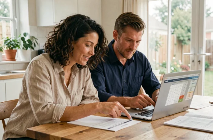 Couple examinant des documents de crédit immobilier à la table de cuisine pour financer leur projet de logement