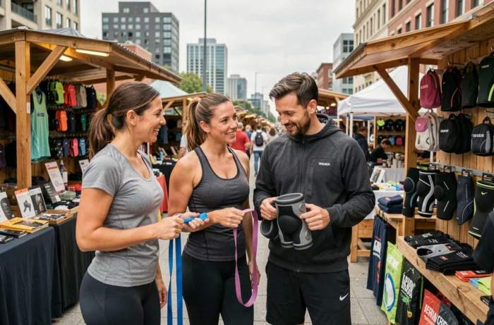 Couple choisissant des équipements de sport dans un marché en plein air