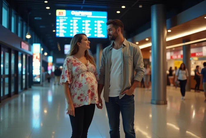 Couple dont la femme est enceinte consultant le programme dans le hall d'un cinéma moderne