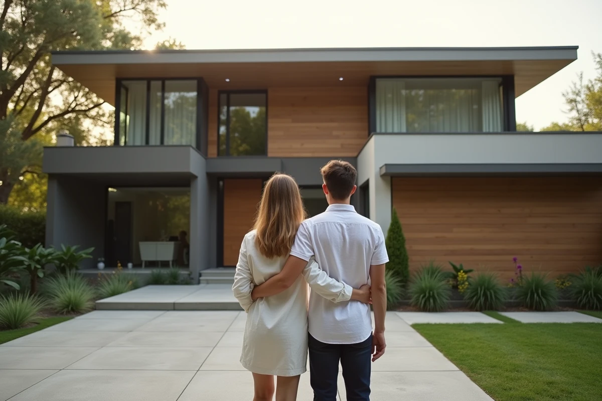 Jeune couple admire leur maison contemporaine extérieure