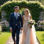 Couple marié dans un jardin fleuri lors de leur mariage