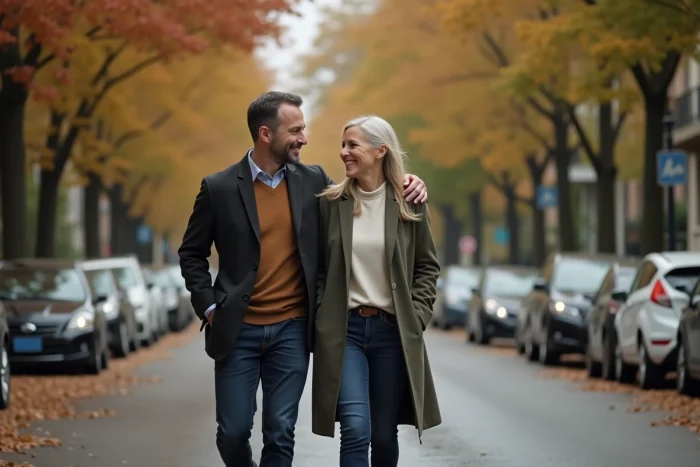 Couple complice se promenant dans une rue parisienne en automne, photo de vie privée naturelle