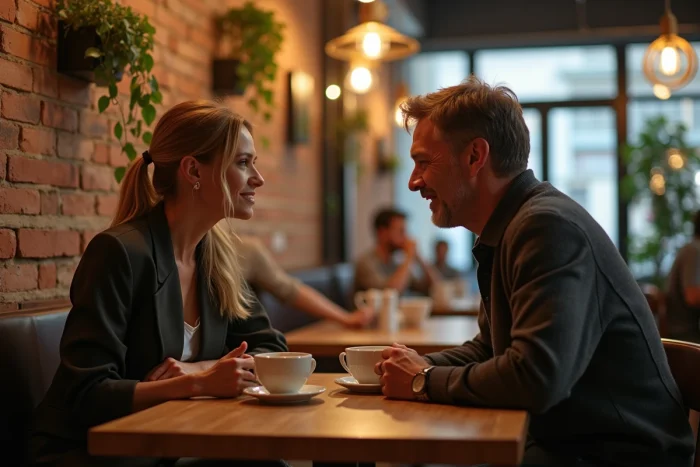 Couple partageant un moment intime au restaurant, ambiance chaleureuse et naturelle