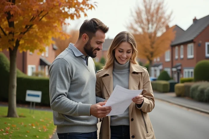 Couple visitant une maison à vendre dans un quartier résidentiel en automne pour un projet d'investissement immobilier
