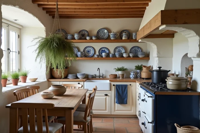 Cuisine bretonne rustique avec faïence bleue et blanche, poutres en bois et vaisselle en grès sur étagères ouvertes