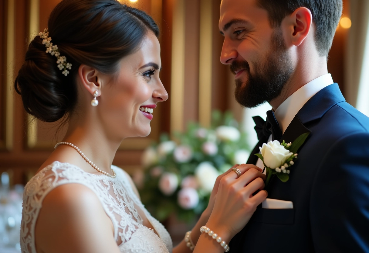 Femme ajustant la boutonnière du marié lors de la réception