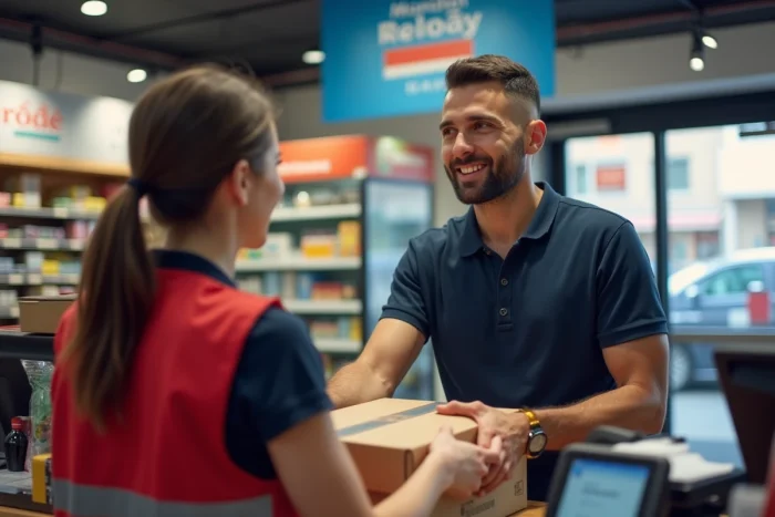 Dépôt d'un colis en point relais Mondial Relay dans une boutique de proximité française