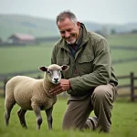 Éleveur examinant un jeune mouton Exlana dans un pâturage
