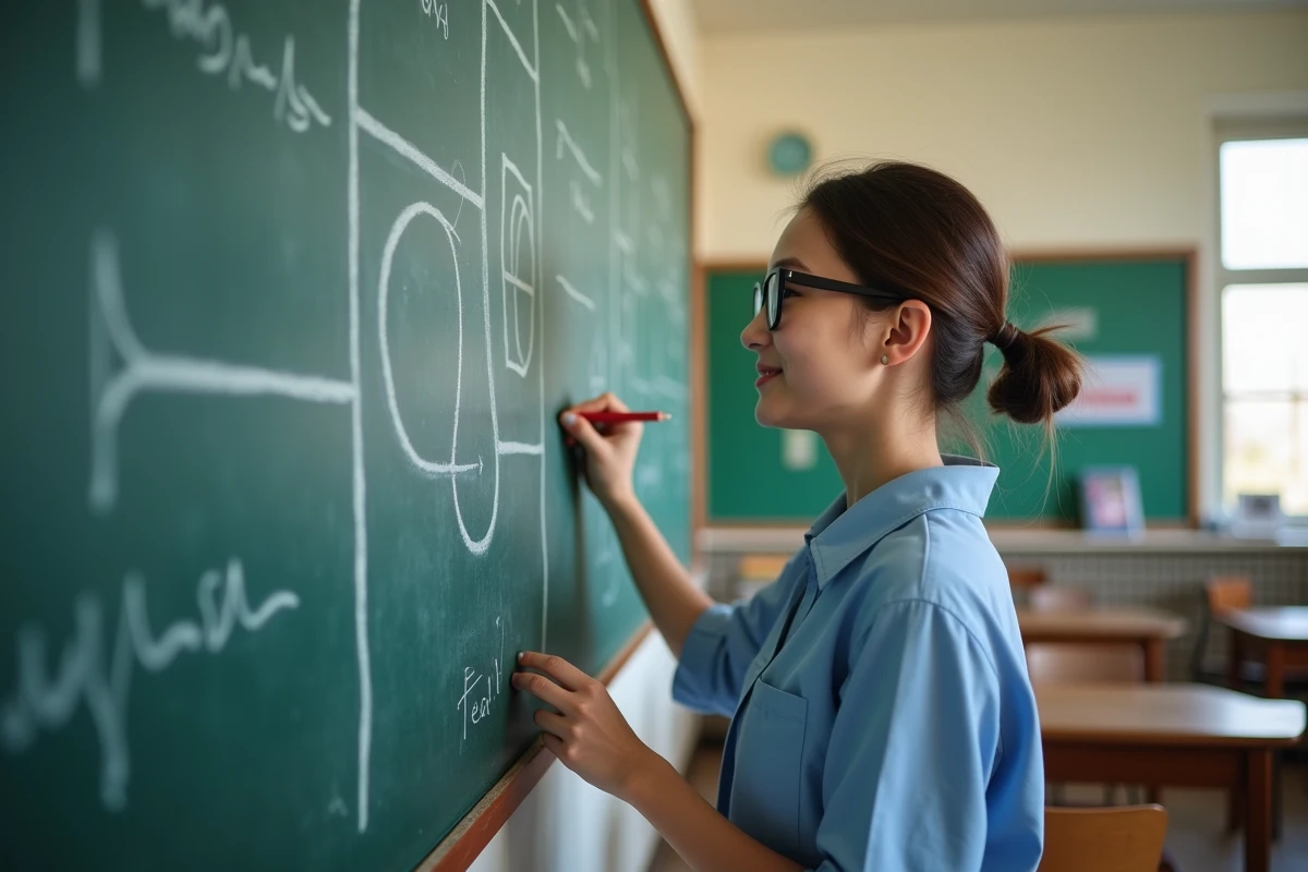 Enseignante expliquant des diagrammes au tableau noir en classe