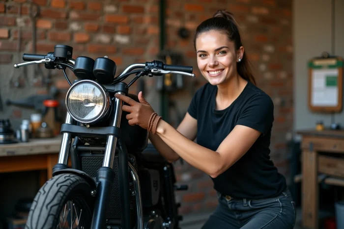 Femme mécanicienne réglant la chaîne d'une moto dans un atelier urbain avec des outils professionnels