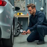 Mécanicien amateur vérifiant la pression des pneus de sa voiture dans un garage domestique bien équipé