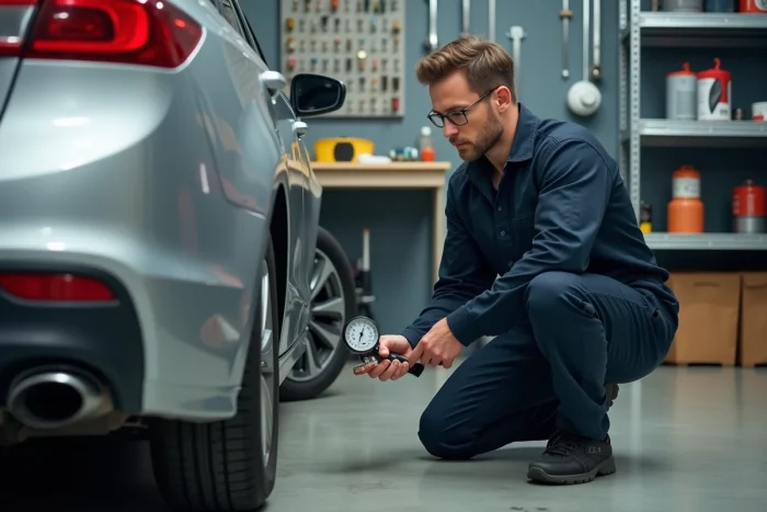 Mécanicien amateur vérifiant la pression des pneus de sa voiture dans un garage domestique bien équipé